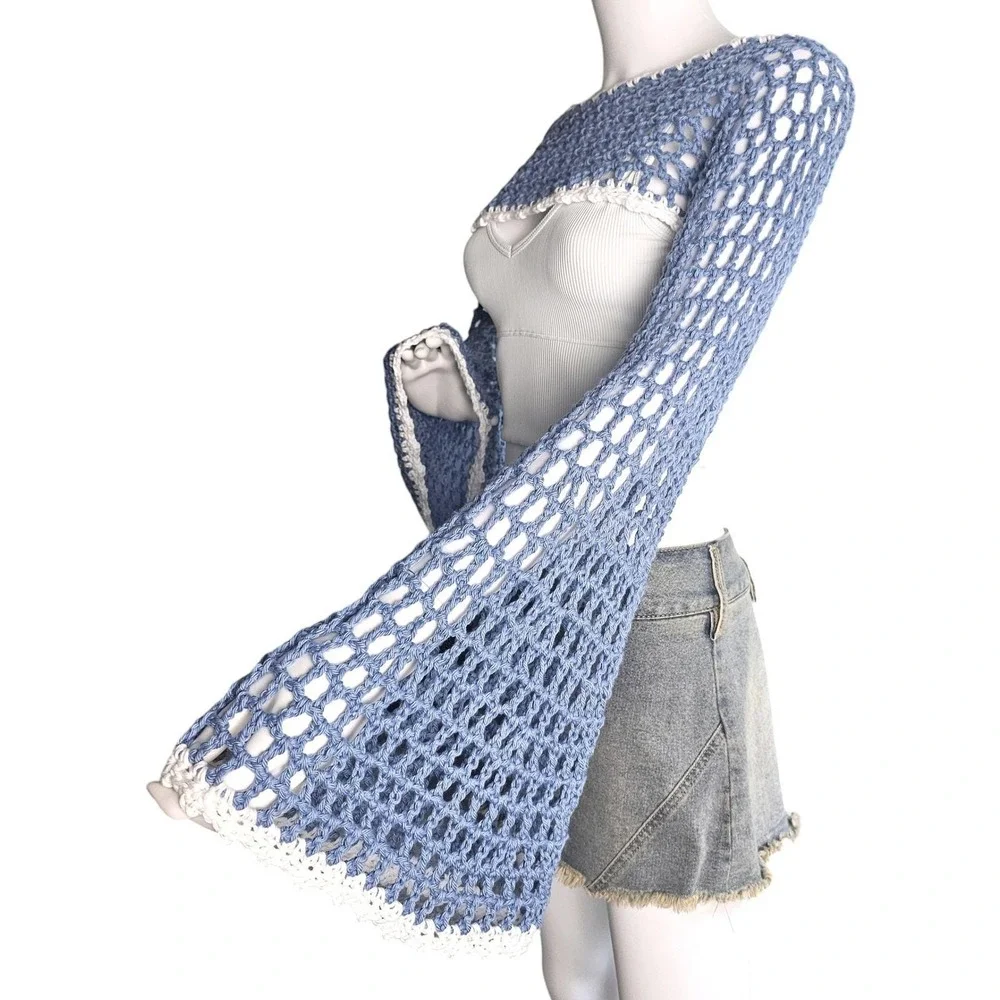 Handmade‎ Crochet Fairycore Shrug | Women | Blue | SM-MED | Boho | Bell Sleeve